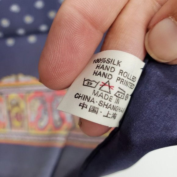 Vintage Silk Scarf Square Navy Blue Paisley Floral 31" Hand Rolled - Picture 8 of 10